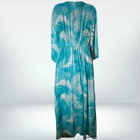 Jantzen 3/4 Sleeve Woven Maxi Duster Cover Up Teal Palm Size M NWT - Picture 3 of 10